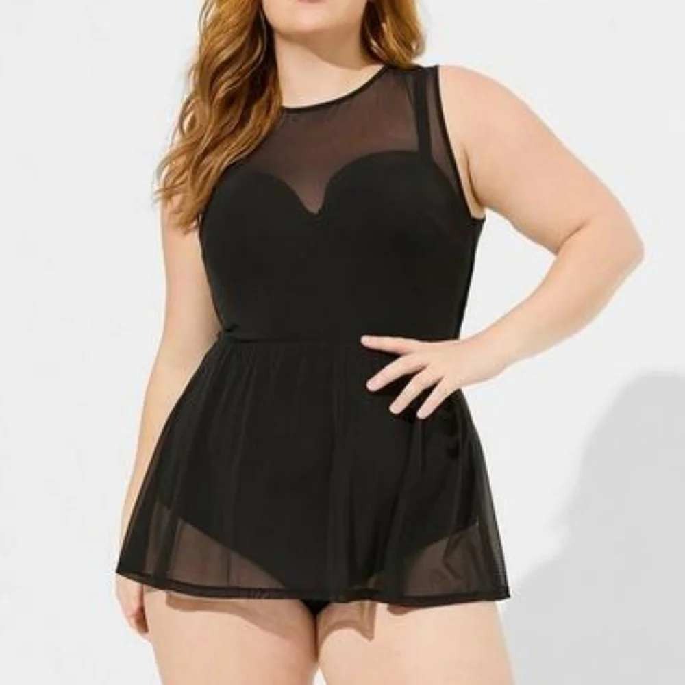 Torrid Swim Dress 2 DD/F Black Mesh Overlay One Piece Swimsuit Built In Bra Chic